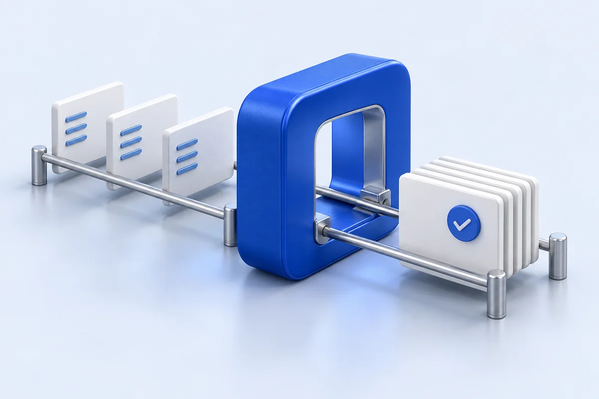 3D-Illustration: Datenkarten werden durch ein blaues Prüftor sortiert.